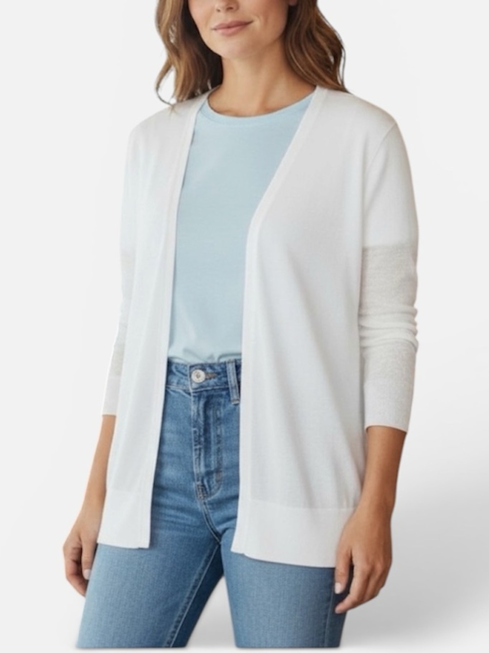 Cable & Gauge Knit Open Front Cardigan in White Size Large